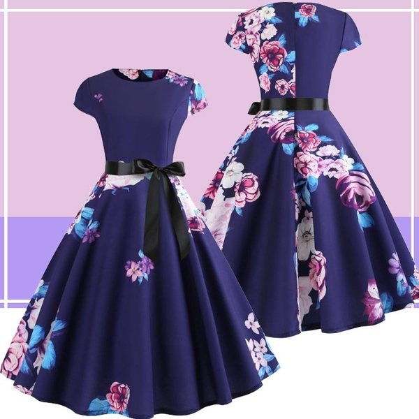 Flower Dress Women Retro Swing Dress Short Sleeve Midi A Line Dress Casual  Purple Dresses Hepburn Style | Wish